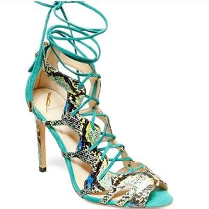 Brian Atwood “Tyra” Teal Snakeskin Gladiator Stiletto Sandal